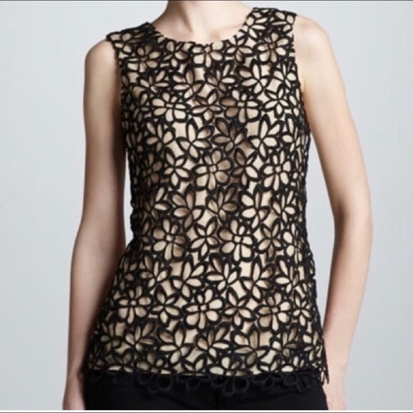 Lela Rose sleeveless crocheted top, tan w/ black overlay, M - Picture 1 of 7